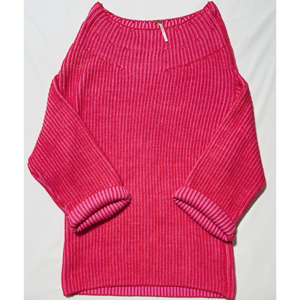 Free People Pink Red Striped Rib-Knit Boat Neck Pullover Sweater Women's XS